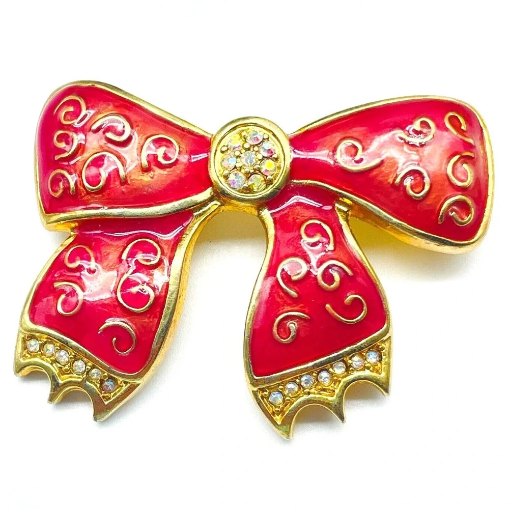 Vintage Bow Brooch Pin Red Enamel Gold Tone Scroll Accent Rhinestone Center Gift
